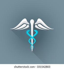 vector colored flat design caduceus white wing blue snake Rod of Asclepius symbol illustration isolated dark background long shadow
