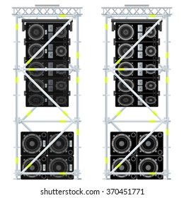 vector colored flat design event line array massive loudspeakers satellites suspended metal scaffold subwoofers isolated illustration white background 
