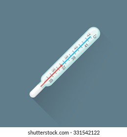 vector colored flat design glass medical mercury thermometer illustration isolated dark background long shadow
