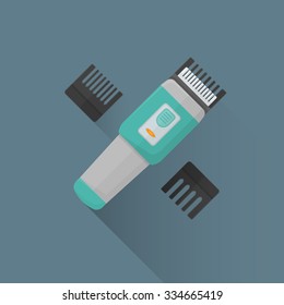 vector colored flat design hairdresser electric hair clipper machine illustration isolated dark background long shadow
