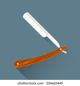 vector colored flat design hairdresser metal retro razor wooden handle illustration isolated dark background long shadow