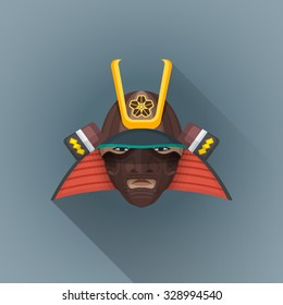 vector colored flat design japan medieval warrior samurai head armor helmet mask illustration isolated dark background long shadows
