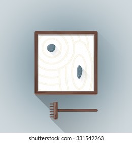 vector colored flat design japanese table zen garden with white send couple grey stones wooden rake illustration isolated light background long shadow
