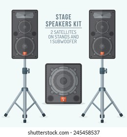 vector colored flat design loudspeakers kit satellites on stands and subwoofer illustration 