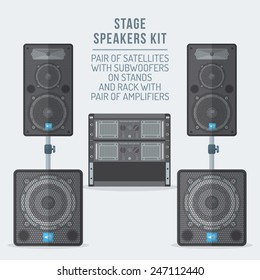 vector colored flat design loudspeakers kit satellites on stands with subwoofer and amplifiers rack illustration 