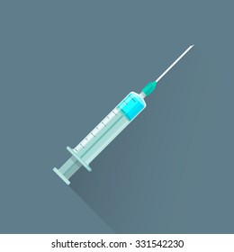 vector colored flat design medical plastic syringe with blue liquid iron needle illustration isolated dark background long shadow
