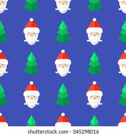 vector colored flat design new year christmas tree santa claus seamless pattern on blue background 