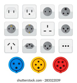 vector colored flat design various power socket input types icon set white background
