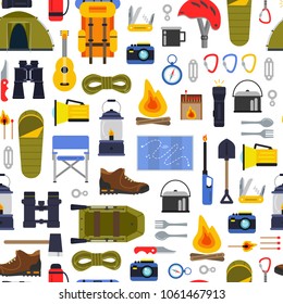 Vector colored flat style camping elements of set pattern or background illustration