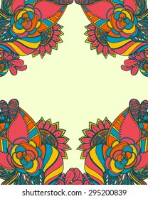 Vector Colored Floral Background. Hand Drawn Texture with Flowers.Vector abstract invitation card with abstract wave. Lace ornament. Template wavy frame design for card