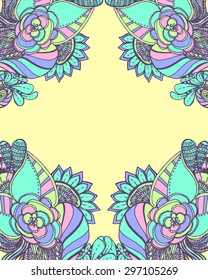 Vector Colored Floral Background. Hand Drawn Texture with Flowers.Vector abstract invitation card with abstract wave. Lace ornament. Template wavy frame design for card