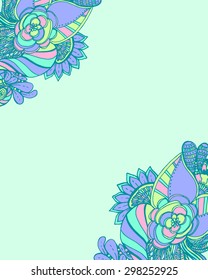 Vector Colored Floral Background. Hand Drawn Texture with Flowers.Vector abstract invitation card with abstract wave. Lace ornament. Template wavy frame design for card
