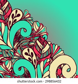 Vector Colored Floral Background. Hand Drawn Texture with Flowers.Vector abstract invitation card with abstract wave. Lace ornament. Template wavy frame design for card