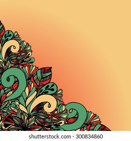 Vector Colored Floral Background. Hand Drawn Texture with Flowers.Vector abstract invitation card with abstract wave. Lace ornament. Template wavy frame design for card