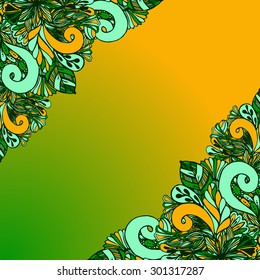 Vector Colored Floral Background. Hand Drawn Texture with Flowers.Vector abstract invitation card with abstract wave. Lace ornament. Template wavy frame design for card