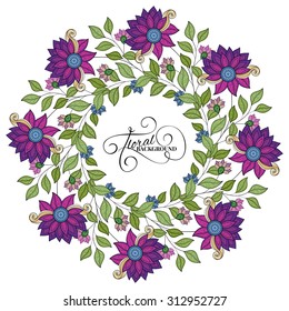 Vector Colored Floral Background. Hand Drawn Ornament with Floral Wreath. Template for Greeting Card