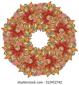 Vector Colored Floral Background. Hand Drawn Ornament with Floral Wreath. Template for Greeting Card