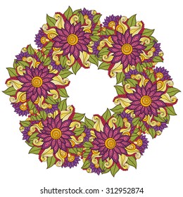 Vector Colored Floral Background. Hand Drawn Ornament with Floral Wreath. Template for Greeting Card