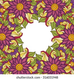 Vector Colored Floral Background. Hand Drawn Ornament with Floral Wreath. Template for Greeting Card