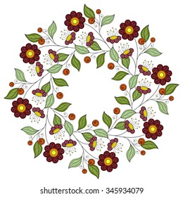 Vector Colored Floral Background. Hand Drawn Ornament with Floral Wreath. Template for Greeting Card