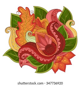 Vector Colored Floral Background. Hand Drawn Ornament with Flowers. Template for Greeting Card