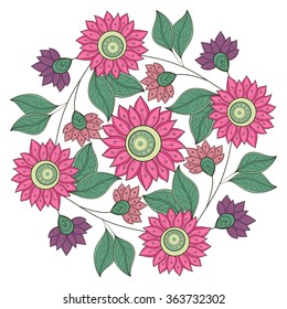 Vector Colored Floral Background. Hand Drawn Ornament with Flowers. Template for Greeting Card