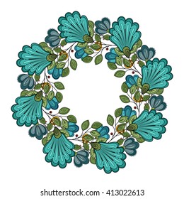 Vector Colored Floral Background. Hand Drawn Ornament with Floral Wreath. Template for Greeting Card