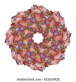 Vector Colored Floral Background. Hand Drawn Ornament with Floral Wreath. Template for Greeting Card