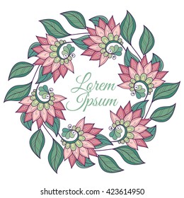 Vector Colored Floral Background. Hand Drawn Ornament with Floral Wreath. Template for Greeting Card
