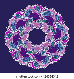 Vector Colored Floral Background. Hand Drawn Ornament with Floral Wreath. Template for Greeting Card
