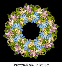 Vector Colored Floral Background. Hand Drawn Ornament with Floral Wreath. Template for Greeting Card