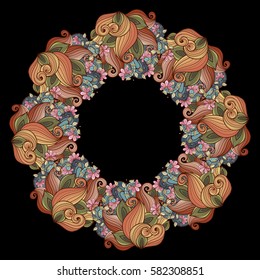 Vector Colored Floral Background. Hand Drawn Ornament with Floral Wreath. Template for Greeting Card