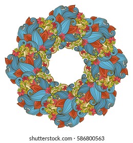 Vector Colored Floral Background. Hand Drawn Ornament with Floral Wreath. Template for Greeting Card