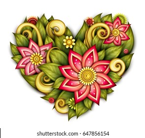 Vector Colored Floral Composition in Heart Shape. Hand Drawn Ornament with Flowers, Leaves and Herbs. Beautiful Doodle Background for Valentine Greeting Card