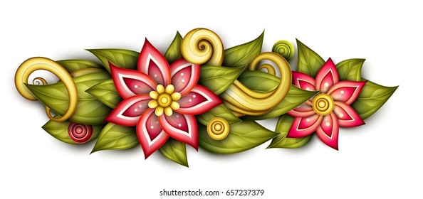 Vector Colored Floral Composition in Oval Shape. Hand Drawn Ornament with Flowers, Leaves and Herbs. Beautiful Doodle Background