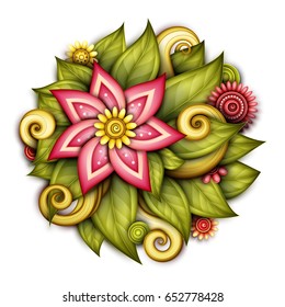 Vector Colored Floral Composition in Round Shape. Hand Drawn Ornament with Flowers, Leaves and Herbs. Beautiful Doodle Background