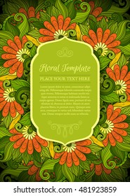 Vector Colored Floral Template with Place for Text. Abstract Flowers with Hand Drawn Ornament. Layout for Greeting Card, Cover Page etc. Clipping Mask Used for Editability