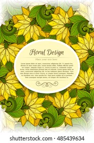 Vector Colored Floral Template with Place for Text. Abstract Flowers with Hand Drawn Ornament. Layout for Greeting Card, Cover Page etc. Clipping Mask Used for Editability