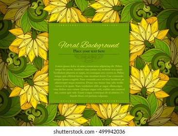 Vector Colored Floral Template with Place for Text. Abstract Flowers with Hand Drawn Ornament. Layout for Greeting Card, Cover Page etc. Clipping Mask Used for Editability