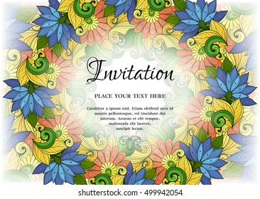 Vector Colored Floral Template with Place for Text. Abstract Flowers with Hand Drawn Ornament. Layout for Greeting Card, Cover Page etc. Clipping Mask Used for Editability