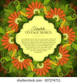 Vector Colored Floral Template with Place for Text. Abstract Flowers with Hand Drawn Ornament. Layout for Greeting Card, Cover Page etc. Clipping Mask Used for Editability