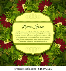 Vector Colored Floral Template with Place for Text. Abstract Flowers with Hand Drawn Ornament. Layout for Greeting Card, Cover Page etc. Clipping Mask Used for Editability