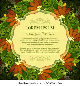 Vector Colored Floral Template with Place for Text. Abstract Flowers with Hand Drawn Ornament. Layout for Greeting Card, Cover Page etc. Clipping Mask Used for Editability