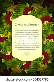 Vector Colored Floral Template with Place for Text. Abstract Flowers with Hand Drawn Ornament. Layout for Greeting Card, Cover Page etc. Clipping Mask Used for Editability