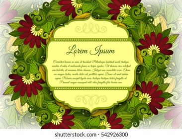 Vector Colored Floral Template with Place for Text. Abstract Flowers with Hand Drawn Ornament. Layout for Greeting Card, Cover Page etc. Clipping Mask Used for Editability
