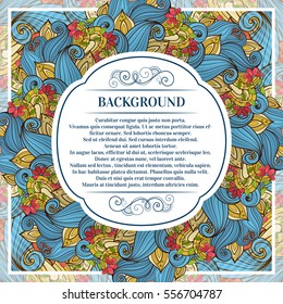 Vector Colored Floral Template with Place for Text. Abstract Flowers with Hand Drawn Ornament. Layout for Greeting Card, Cover Page etc. Clipping Mask Used for Editability