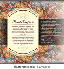 Vector Colored Floral Template with Place for Text. Abstract Flowers with Hand Drawn Ornament. Layout for Greeting Card, Cover Page etc. Clipping Mask Used for Editability