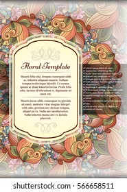Vector Colored Floral Template with Place for Text. Abstract Flowers with Hand Drawn Ornament. Layout for Greeting Card, Cover Page etc. Clipping Mask Used for Editability
