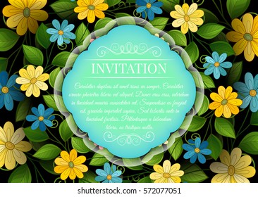 Vector Colored Floral Template with Place for Text. Abstract Flowers with Hand Drawn Ornament. Layout for Greeting Card, Cover Page etc. Clipping Mask Used for Editability