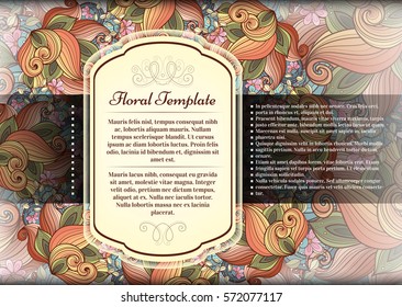 Vector Colored Floral Template with Place for Text. Abstract Flowers with Hand Drawn Ornament. Layout for Greeting Card, Cover Page etc. Clipping Mask Used for Editability